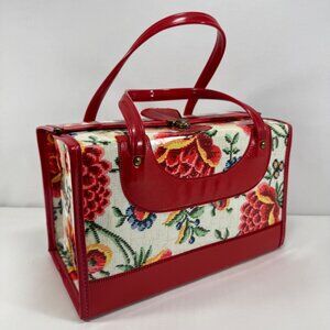Vintage 1960s Red Vinyl Floral Box Purse Handbag Retro Mod Mid Century